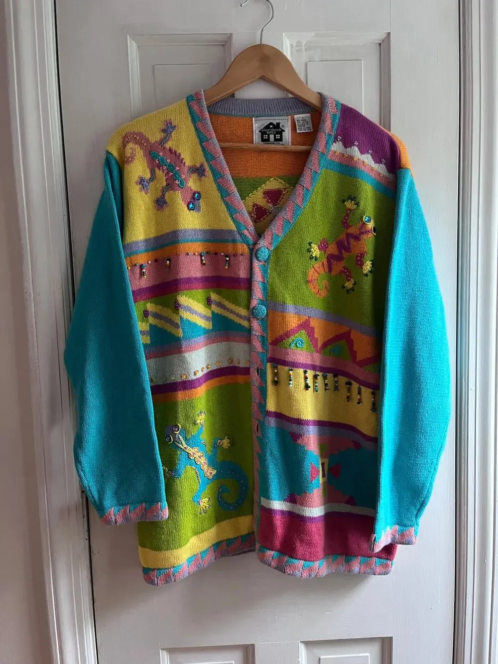 Storybook Knits Colorful Lizard Gecko Vintage Cardigan Sweater Beaded Neon Sz L